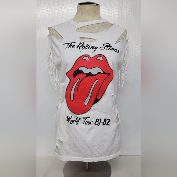Rolling Stones fringe Shred Tee Upcycled Retro Band Merch - Picture 4 of 9